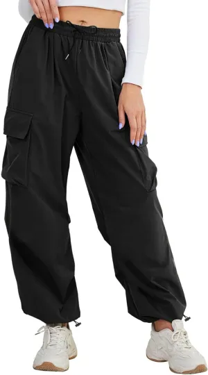 Buauty Womens Cargo Pants, Black Baggy Parachute Pants with Pockets Trendy Cargo Sweatpants Joggers for Women, Y2k Pants