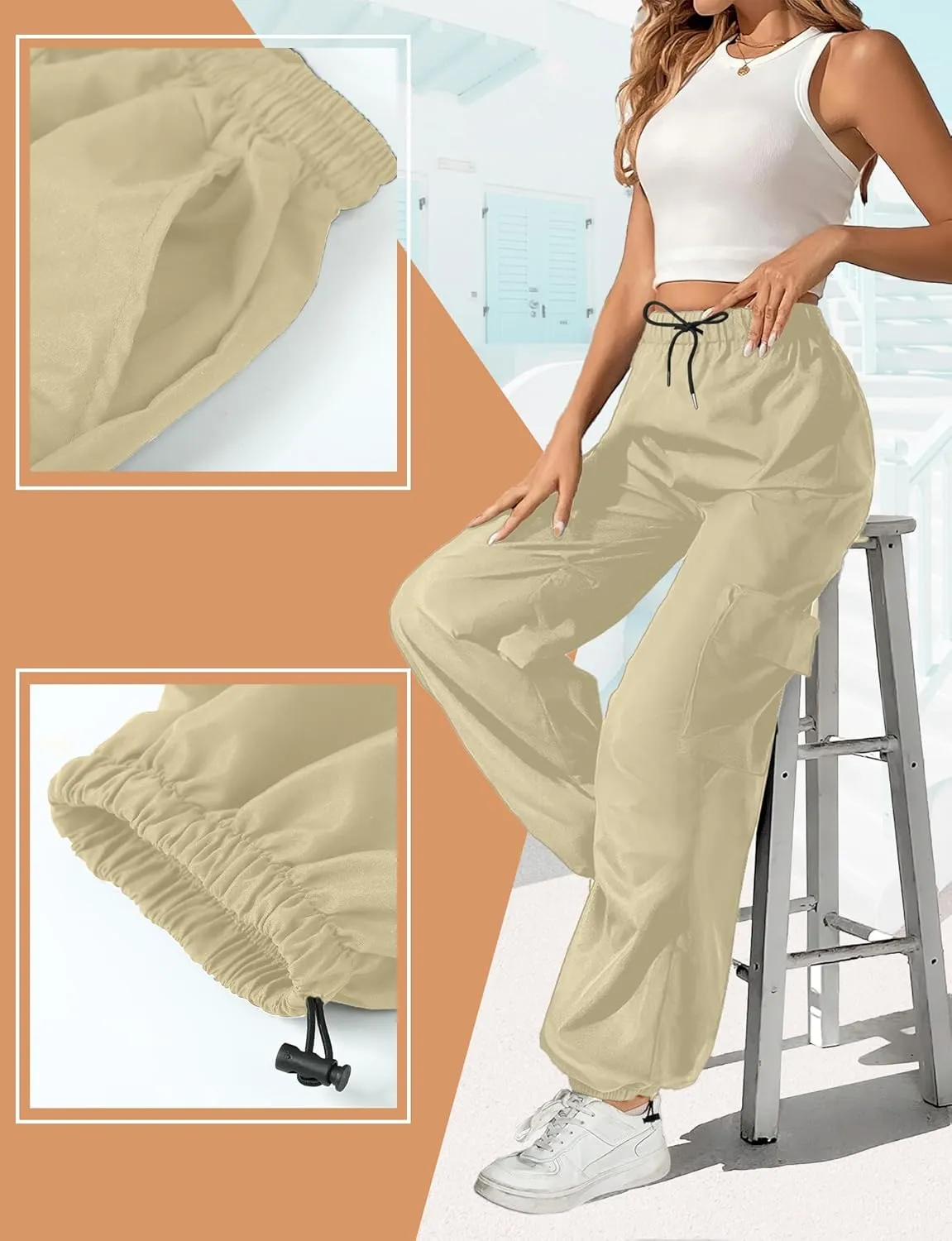 Buauty Womens Cargo Pants, Black Baggy Parachute Pants with Pockets Trendy Cargo Sweatpants Joggers for Women, Y2k Pants