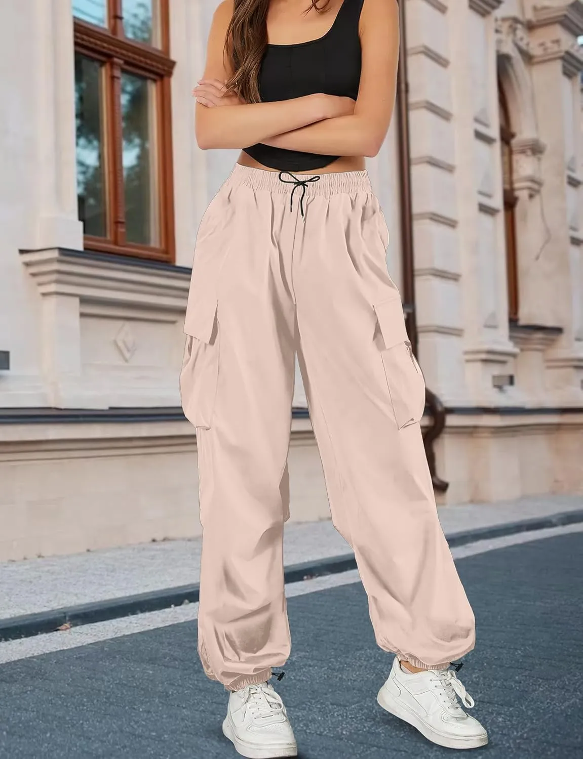 Buauty Womens Cargo Pants, Black Baggy Parachute Pants with Pockets Trendy Cargo Sweatpants Joggers for Women, Y2k Pants