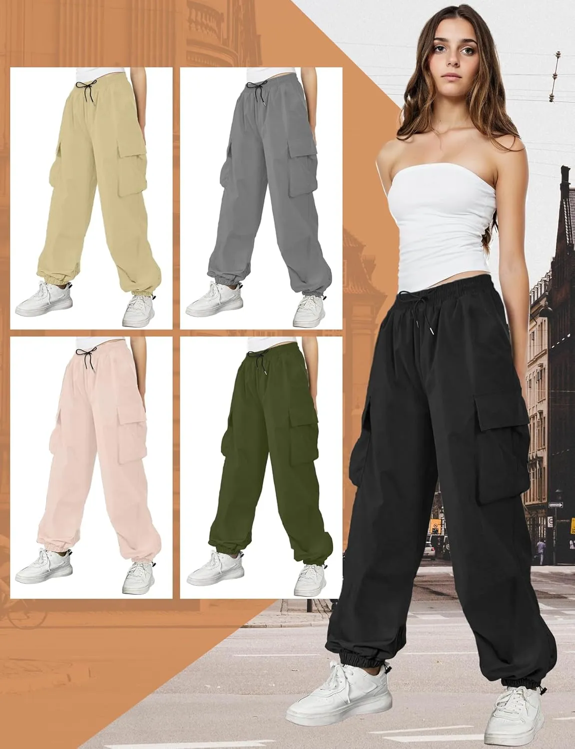 Buauty Womens Cargo Pants, Black Baggy Parachute Pants with Pockets Trendy Cargo Sweatpants Joggers for Women, Y2k Pants