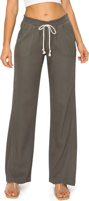 Cali1850 Women's Casual Linen Pants - 29", 32" Oceanside Drawstring Smocked Waist Beach Lounge Trousers with Pockets