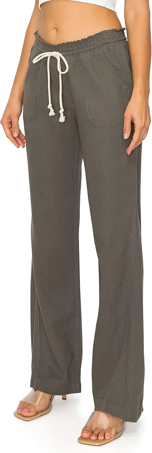 Cali1850 Women's Casual Linen Pants - 29", 32" Oceanside Drawstring Smocked Waist Beach Lounge Trousers with Pockets