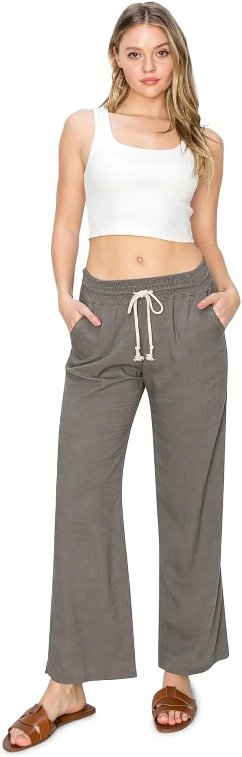 Cali1850 Women's Casual Relaxed Fit 29" Inseam Drawstring High Rise Smocked Linen Pants for Lounge and Beach Wear