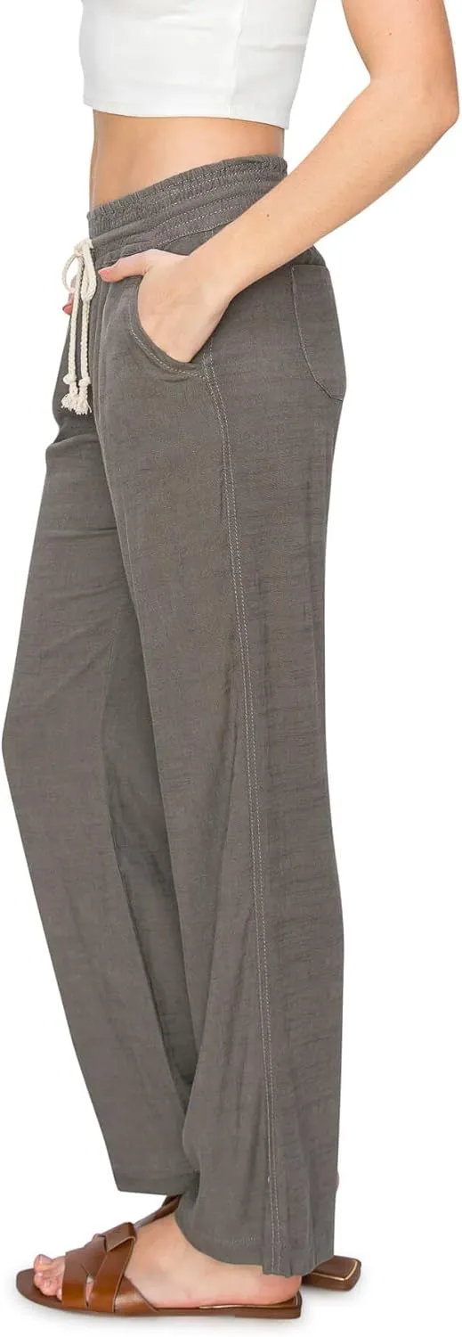 Cali1850 Women's Casual Relaxed Fit 29" Inseam Drawstring High Rise Smocked Linen Pants for Lounge and Beach Wear