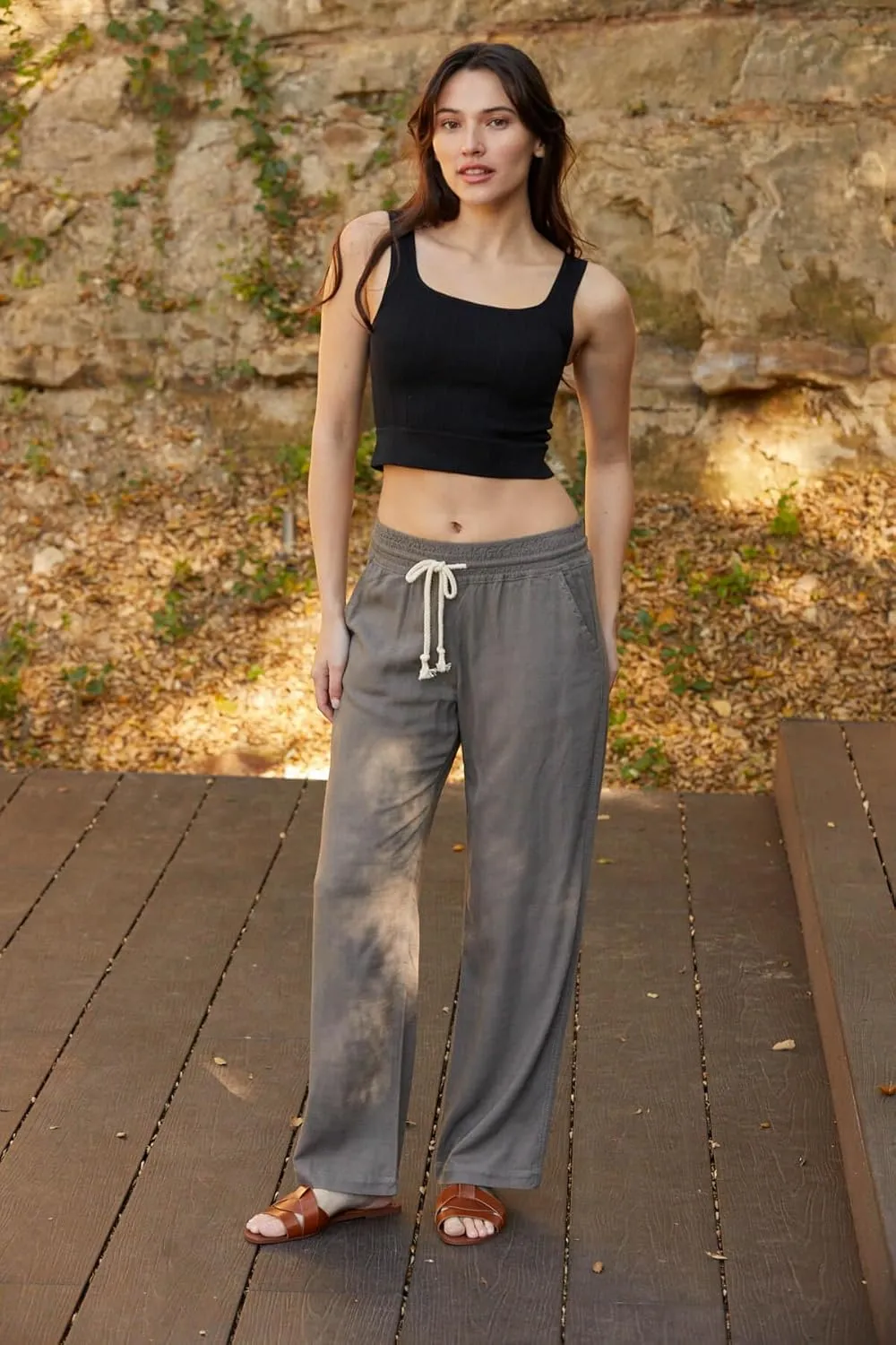 Cali1850 Women's Casual Relaxed Fit 29" Inseam Drawstring High Rise Smocked Linen Pants for Lounge and Beach Wear