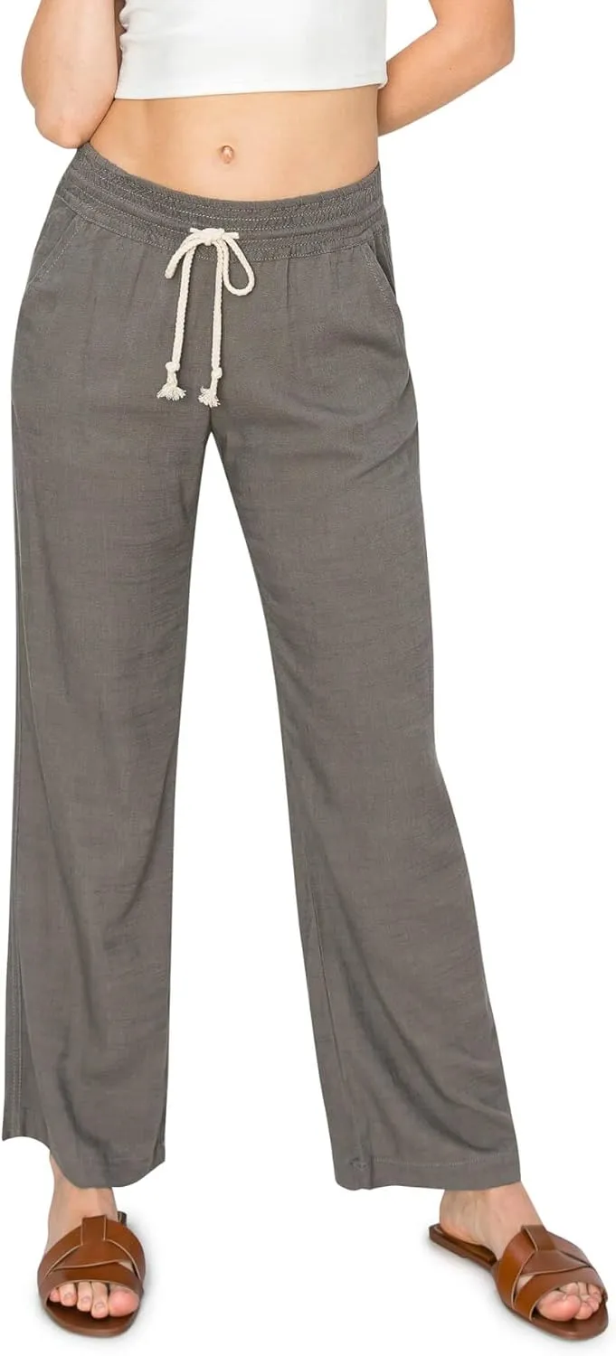 Cali1850 Women's Casual Relaxed Fit 29" Inseam Drawstring High Rise Smocked Linen Pants for Lounge and Beach Wear