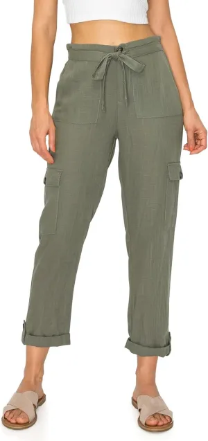 Cali1850 Women's Paper Bag Linen Pants – High Waisted Elastic Waistband Self Tie Belt Oceanside Beach Trousers with Pockets