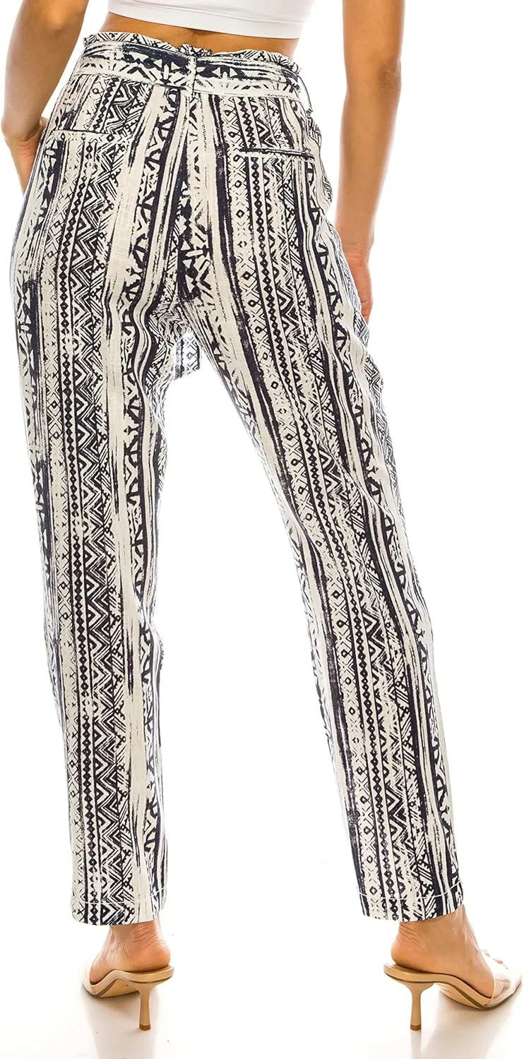 Cali1850 Women's Paper Bag Linen Pants – High Waisted Elastic Waistband Self Tie Belt Oceanside Beach Trousers with Pockets