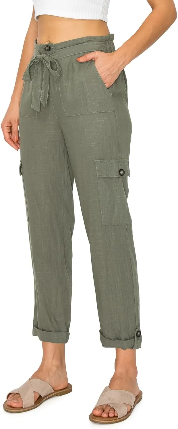 Cali1850 Women's Paper Bag Linen Pants – High Waisted Elastic Waistband Self Tie Belt Oceanside Beach Trousers with Pockets