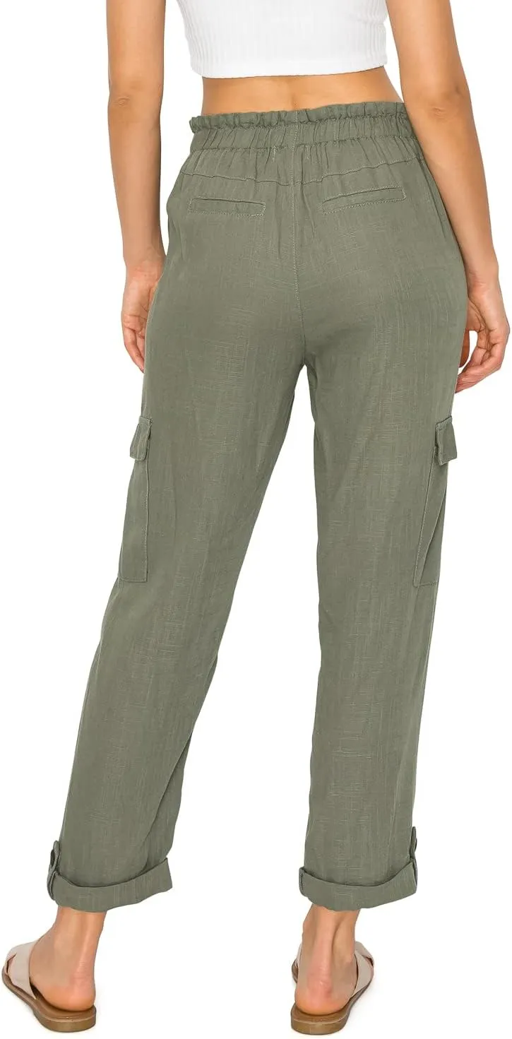 Cali1850 Women's Paper Bag Linen Pants – High Waisted Elastic Waistband Self Tie Belt Oceanside Beach Trousers with Pockets