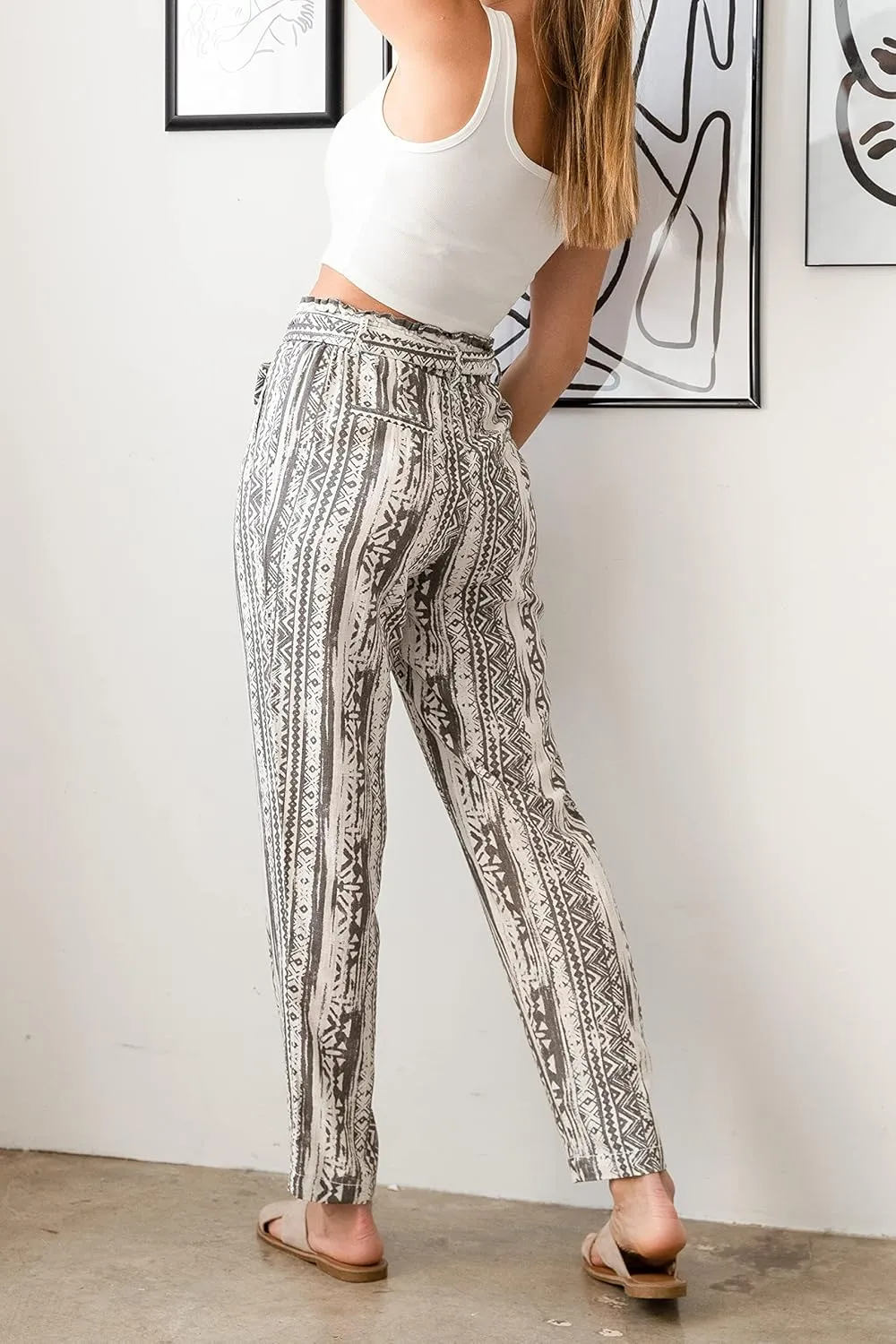 Cali1850 Women's Paper Bag Linen Pants – High Waisted Elastic Waistband Self Tie Belt Oceanside Beach Trousers with Pockets