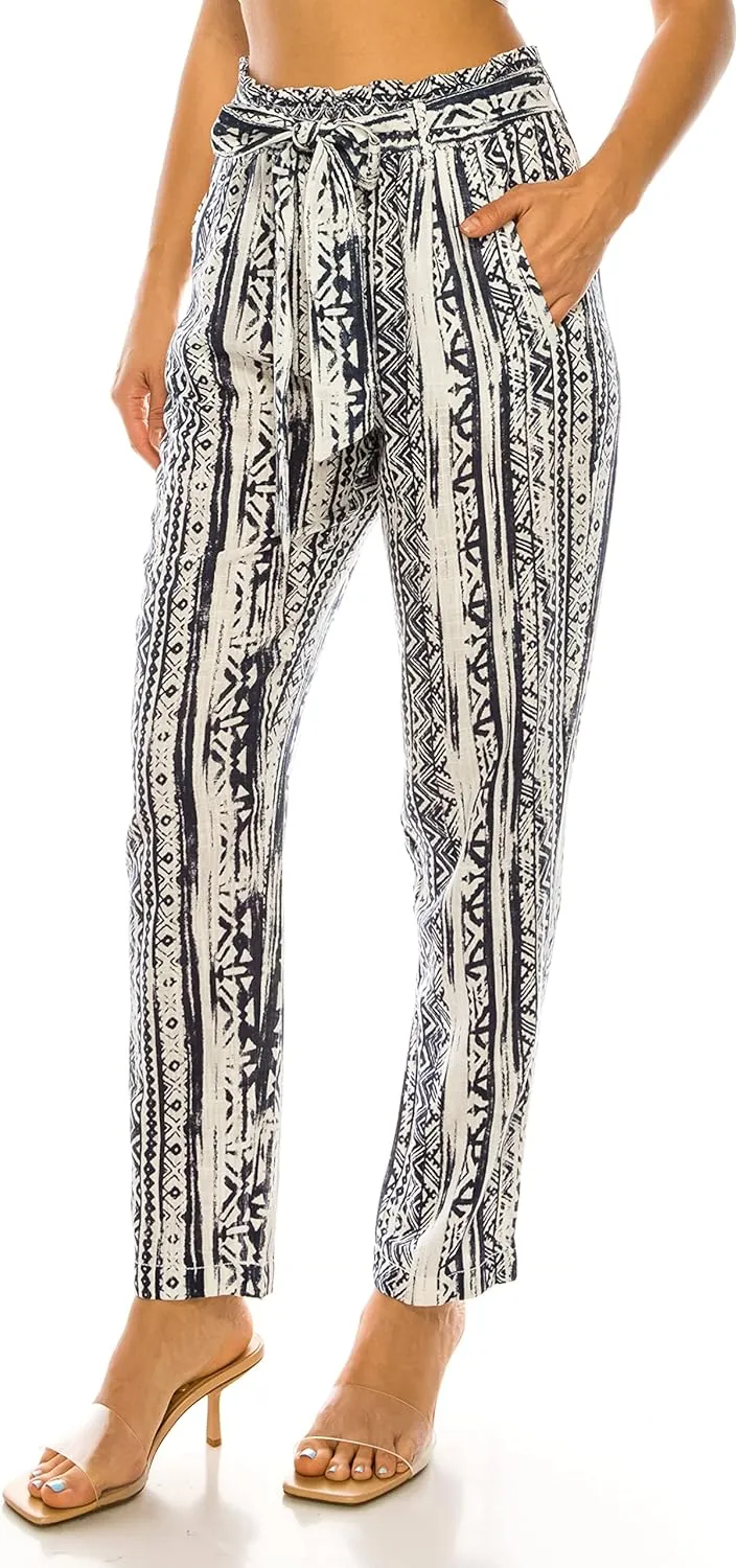 Cali1850 Women's Paper Bag Linen Pants – High Waisted Elastic Waistband Self Tie Belt Oceanside Beach Trousers with Pockets