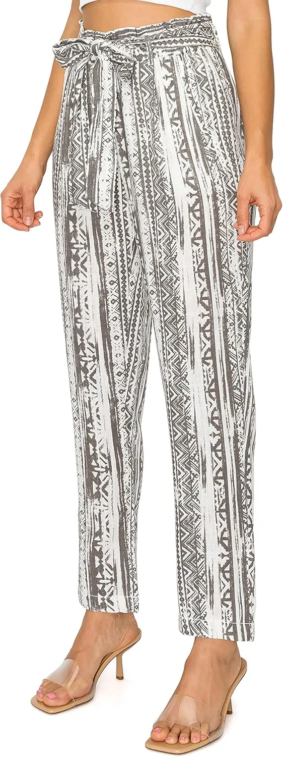 Cali1850 Women's Paper Bag Linen Pants – High Waisted Elastic Waistband Self Tie Belt Oceanside Beach Trousers with Pockets