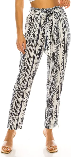 Cali1850 Women's Paper Bag Linen Pants – High Waisted Elastic Waistband Self Tie Belt Oceanside Beach Trousers with Pockets
