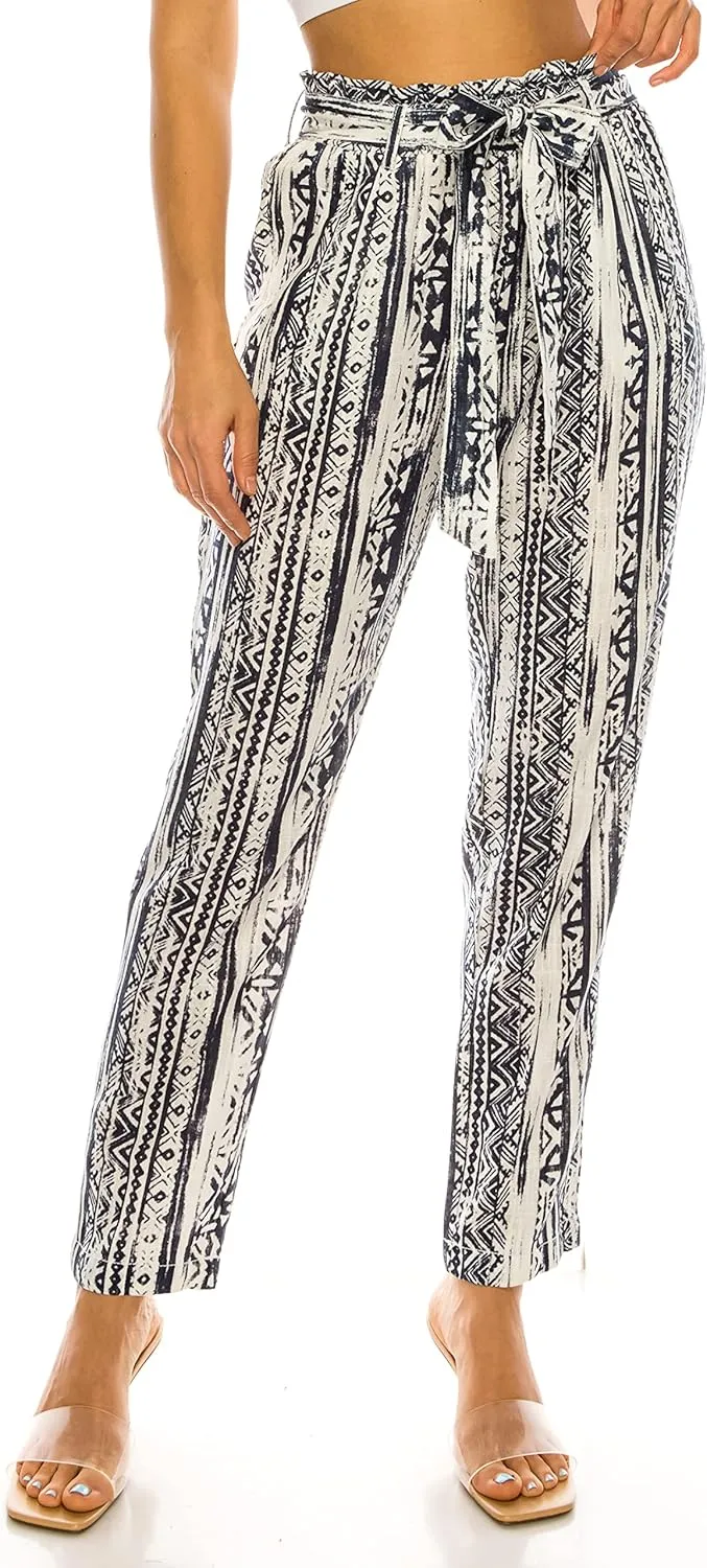 Cali1850 Women's Paper Bag Linen Pants – High Waisted Elastic Waistband Self Tie Belt Oceanside Beach Trousers with Pockets