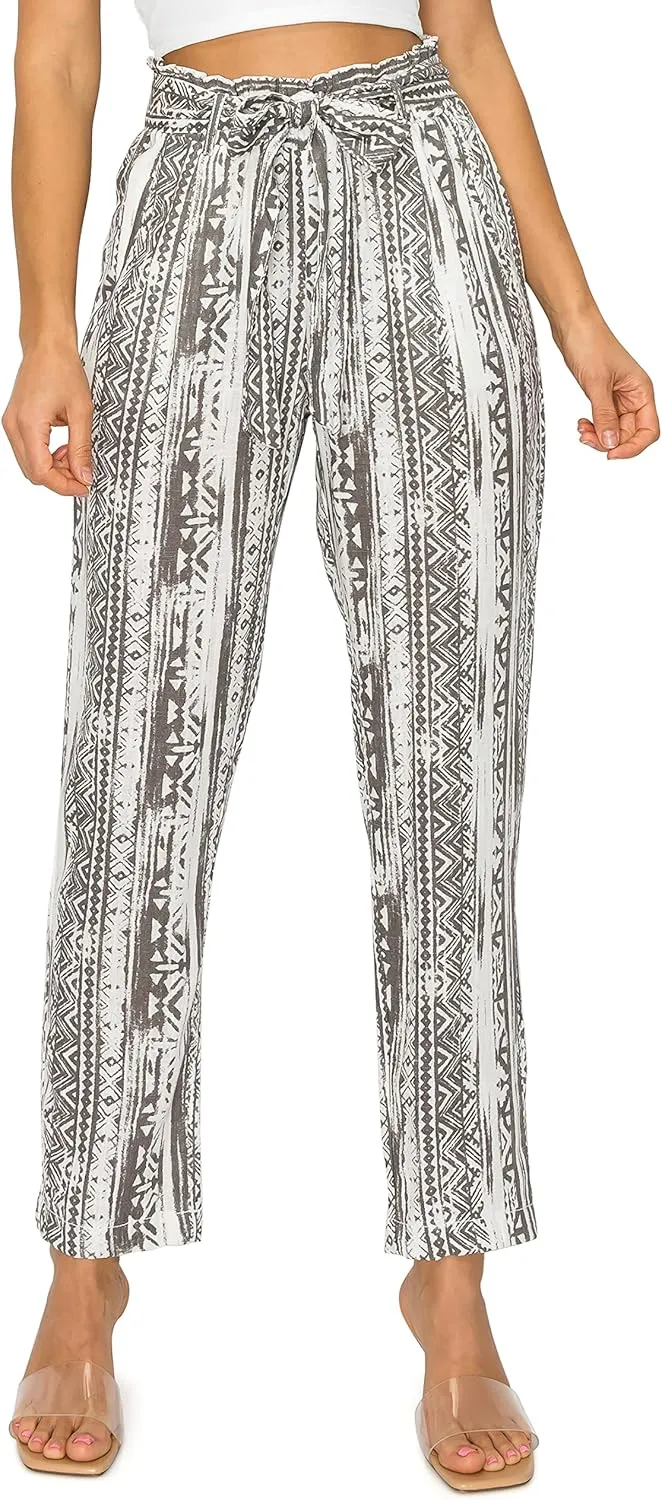 Cali1850 Women's Paper Bag Linen Pants – High Waisted Elastic Waistband Self Tie Belt Oceanside Beach Trousers with Pockets