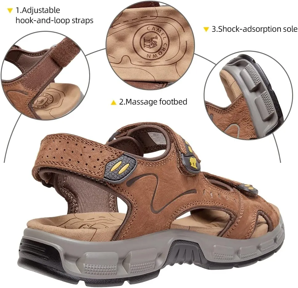 CAMEL CROWN Men's Leather Sandals Hiking Outdoor Water Beach Sports Mens Sandals for Summer with Open Toe Adjustable Straps