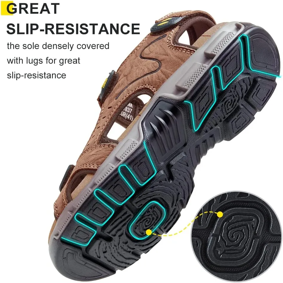 CAMEL CROWN Men's Leather Sandals Hiking Outdoor Water Beach Sports Mens Sandals for Summer with Open Toe Adjustable Straps