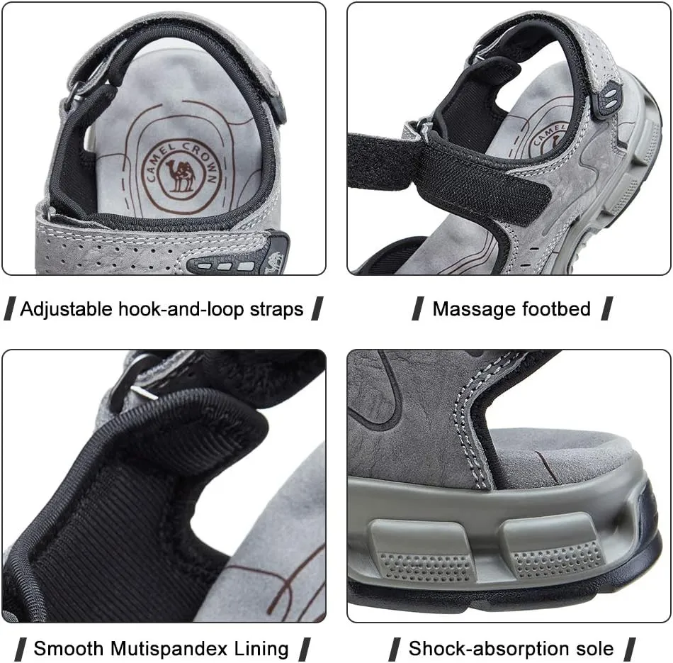 CAMEL CROWN Men's Leather Sandals Hiking Outdoor Water Beach Sports Mens Sandals for Summer with Open Toe Adjustable Straps