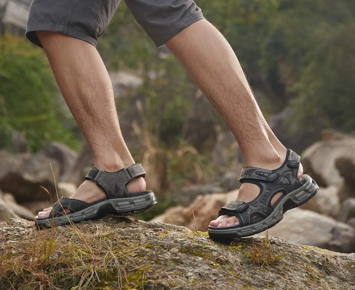 CAMEL CROWN Men's Leather Sandals Hiking Outdoor Water Beach Sports Mens Sandals for Summer with Open Toe Adjustable Straps