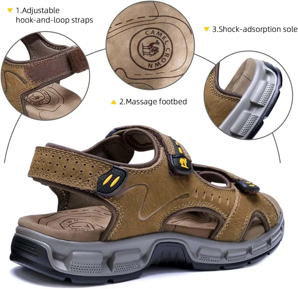 CAMEL CROWN Men's Leather Sandals Hiking Outdoor Water Beach Sports Mens Sandals for Summer with Open Toe Adjustable Straps