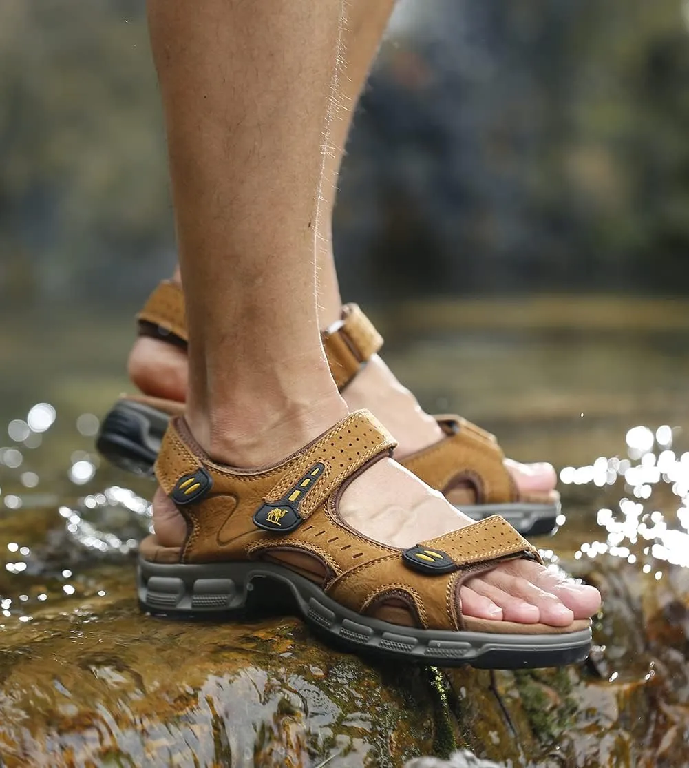 CAMEL CROWN Men's Leather Sandals Hiking Outdoor Water Beach Sports Mens Sandals for Summer with Open Toe Adjustable Straps