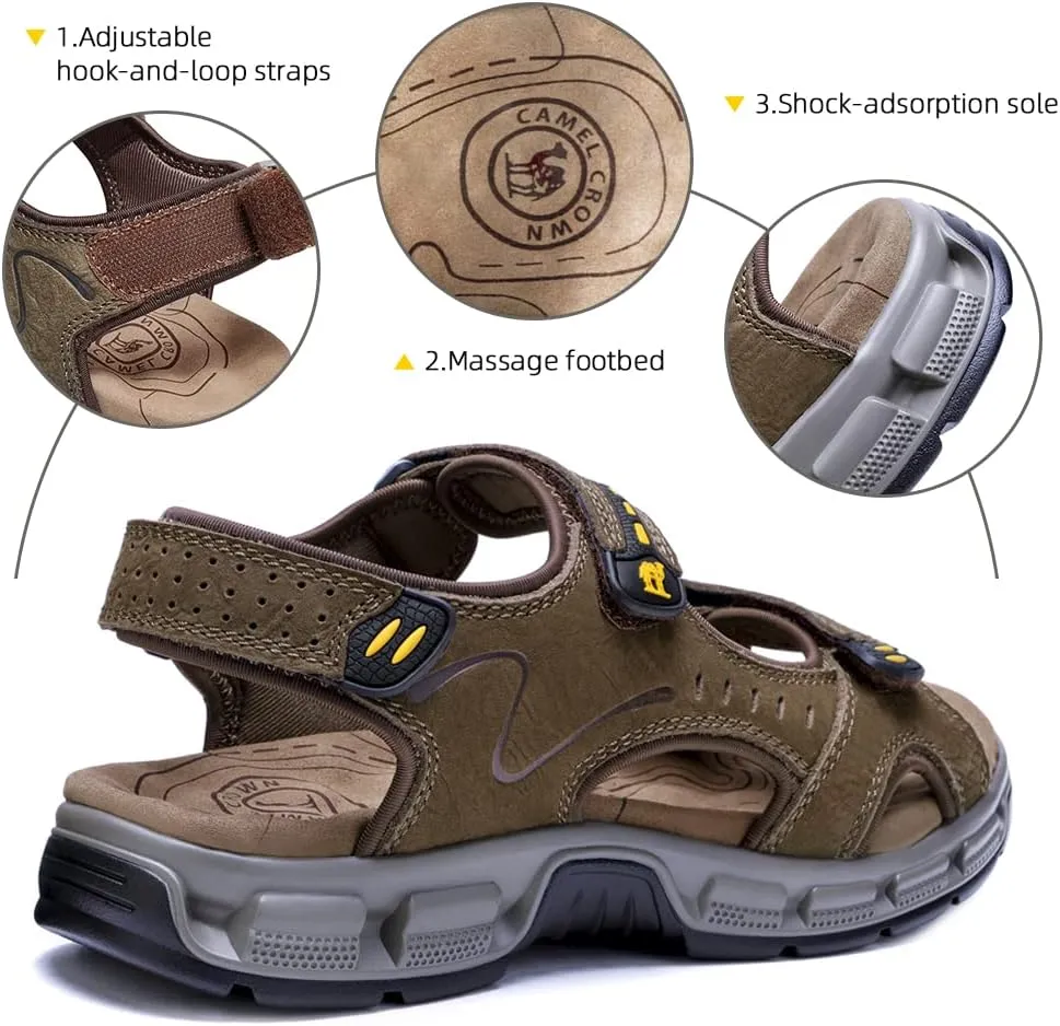 CAMEL CROWN Men's Leather Sandals Hiking Outdoor Water Beach Sports Mens Sandals for Summer with Open Toe Adjustable Straps