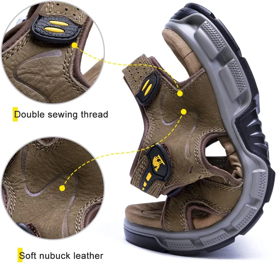 CAMEL CROWN Men's Leather Sandals Hiking Outdoor Water Beach Sports Mens Sandals for Summer with Open Toe Adjustable Straps