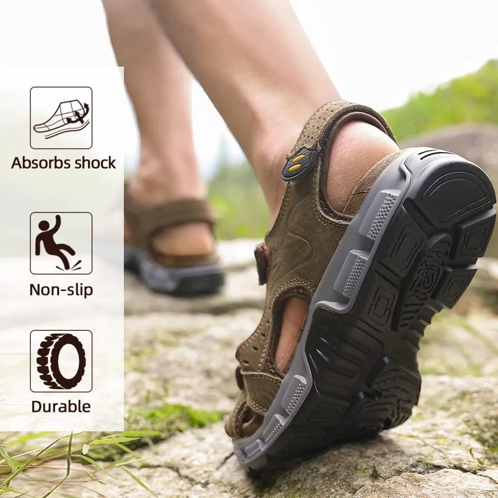 CAMEL CROWN Men's Leather Sandals Hiking Outdoor Water Beach Sports Mens Sandals for Summer with Open Toe Adjustable Straps