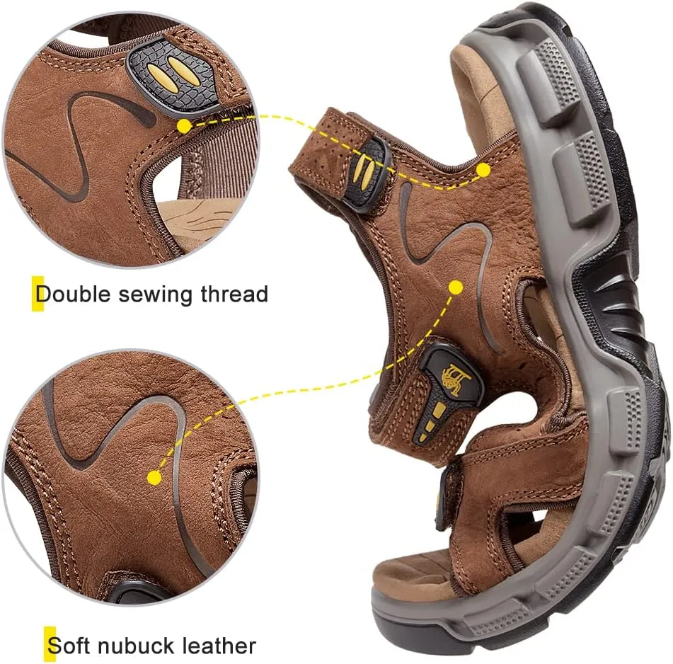 CAMEL CROWN Men's Leather Sandals Hiking Outdoor Water Beach Sports Mens Sandals for Summer with Open Toe Adjustable Straps