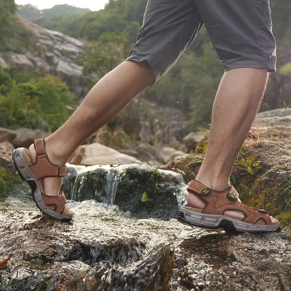 CAMEL CROWN Men's Leather Sandals Hiking Outdoor Water Beach Sports Mens Sandals for Summer with Open Toe Adjustable Straps