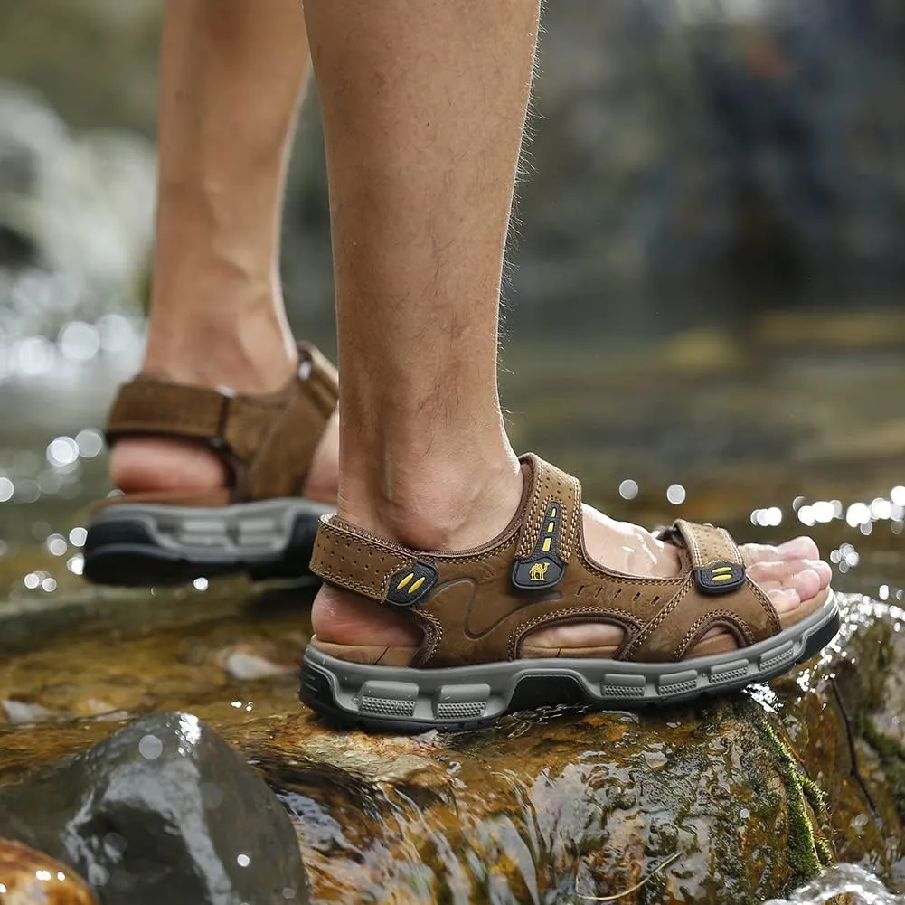 CAMEL CROWN Men's Leather Sandals Hiking Outdoor Water Beach Sports Mens Sandals for Summer with Open Toe Adjustable Straps