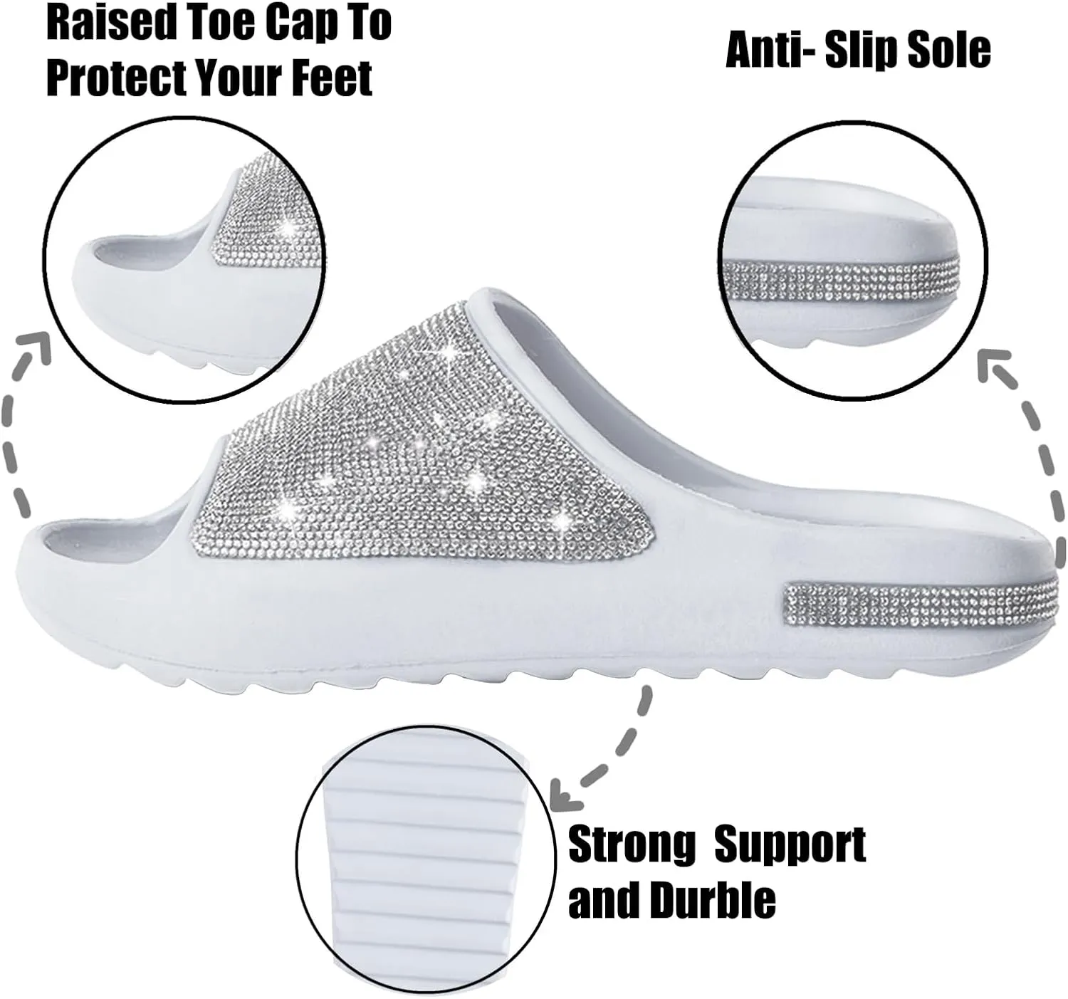 Cloud Slides for Women Thick Sole Sandals Quick Drying Shower Shoes EVA Non-Slip Rhinestone Slippers Glitter Crystal