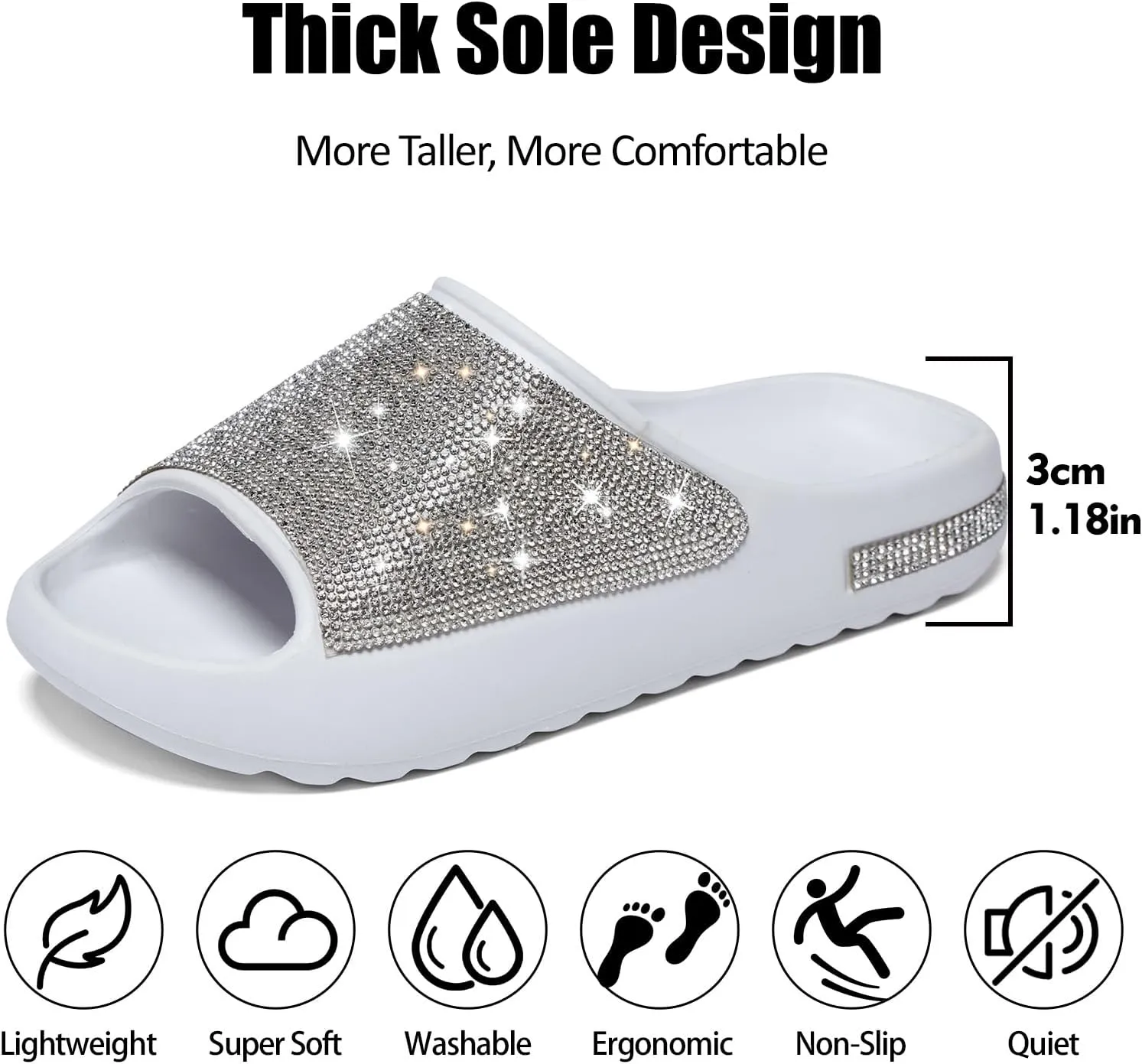 Cloud Slides for Women Thick Sole Sandals Quick Drying Shower Shoes EVA Non-Slip Rhinestone Slippers Glitter Crystal