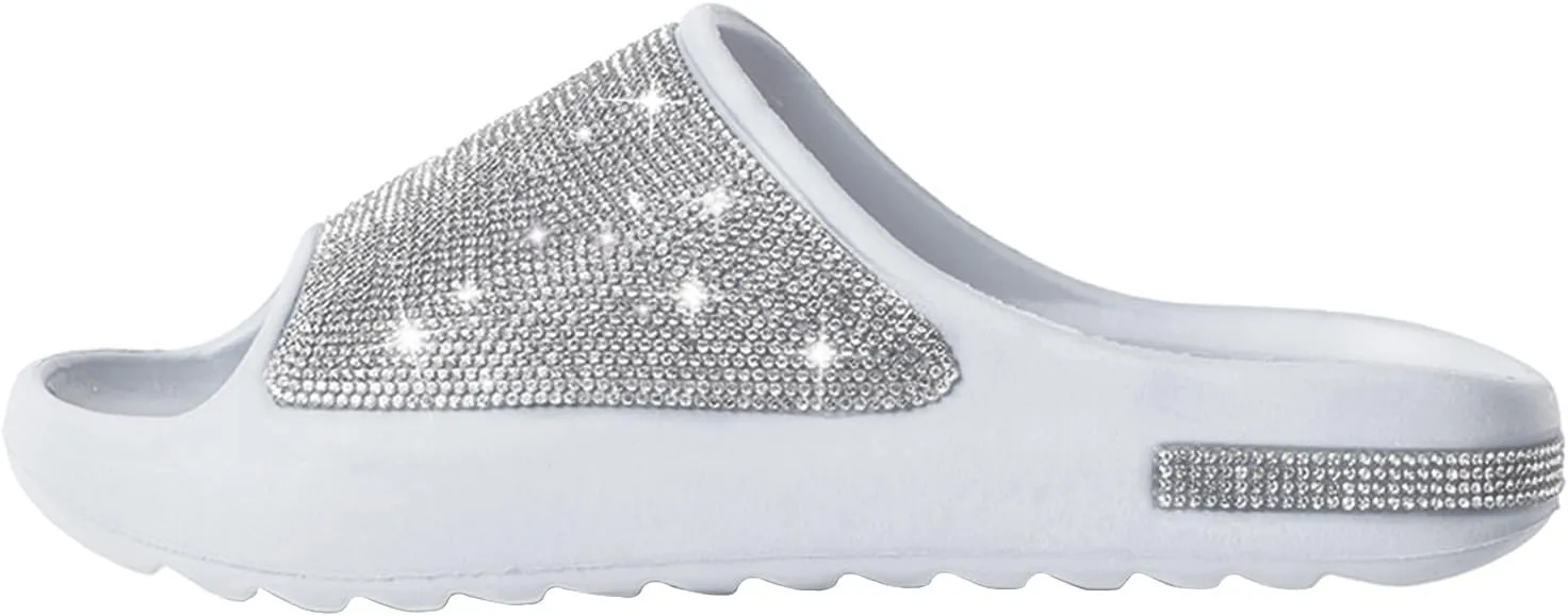 Cloud Slides for Women Thick Sole Sandals Quick Drying Shower Shoes EVA Non-Slip Rhinestone Slippers Glitter Crystal