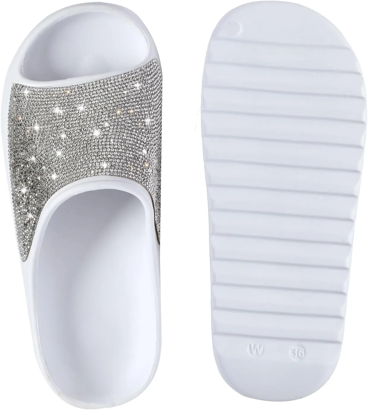 Cloud Slides for Women Thick Sole Sandals Quick Drying Shower Shoes EVA Non-Slip Rhinestone Slippers Glitter Crystal