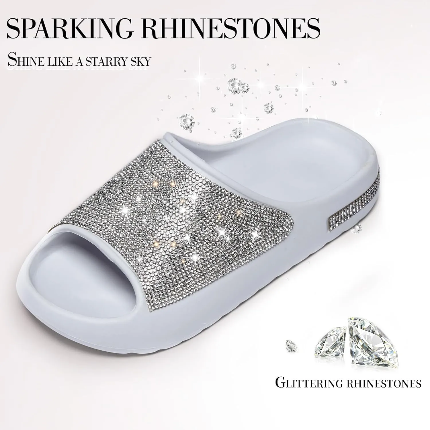 Cloud Slides for Women Thick Sole Sandals Quick Drying Shower Shoes EVA Non-Slip Rhinestone Slippers Glitter Crystal
