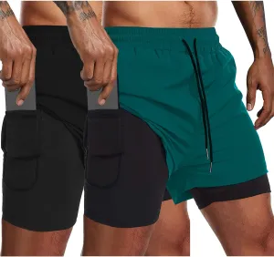 COOFANDY Men's 2 Pack Running Shorts 2 in 1 Workout Shorts Quick Dry Gym Training Athletic Jogger with Phone Pockets