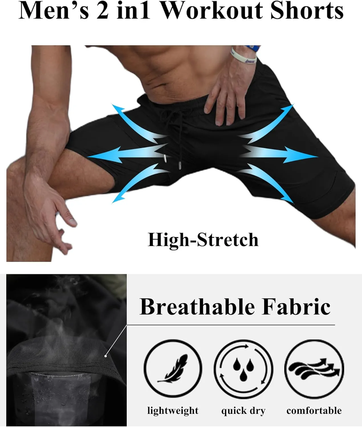 COOFANDY Men's 2 Pack Running Shorts 2 in 1 Workout Shorts Quick Dry Gym Training Athletic Jogger with Phone Pockets