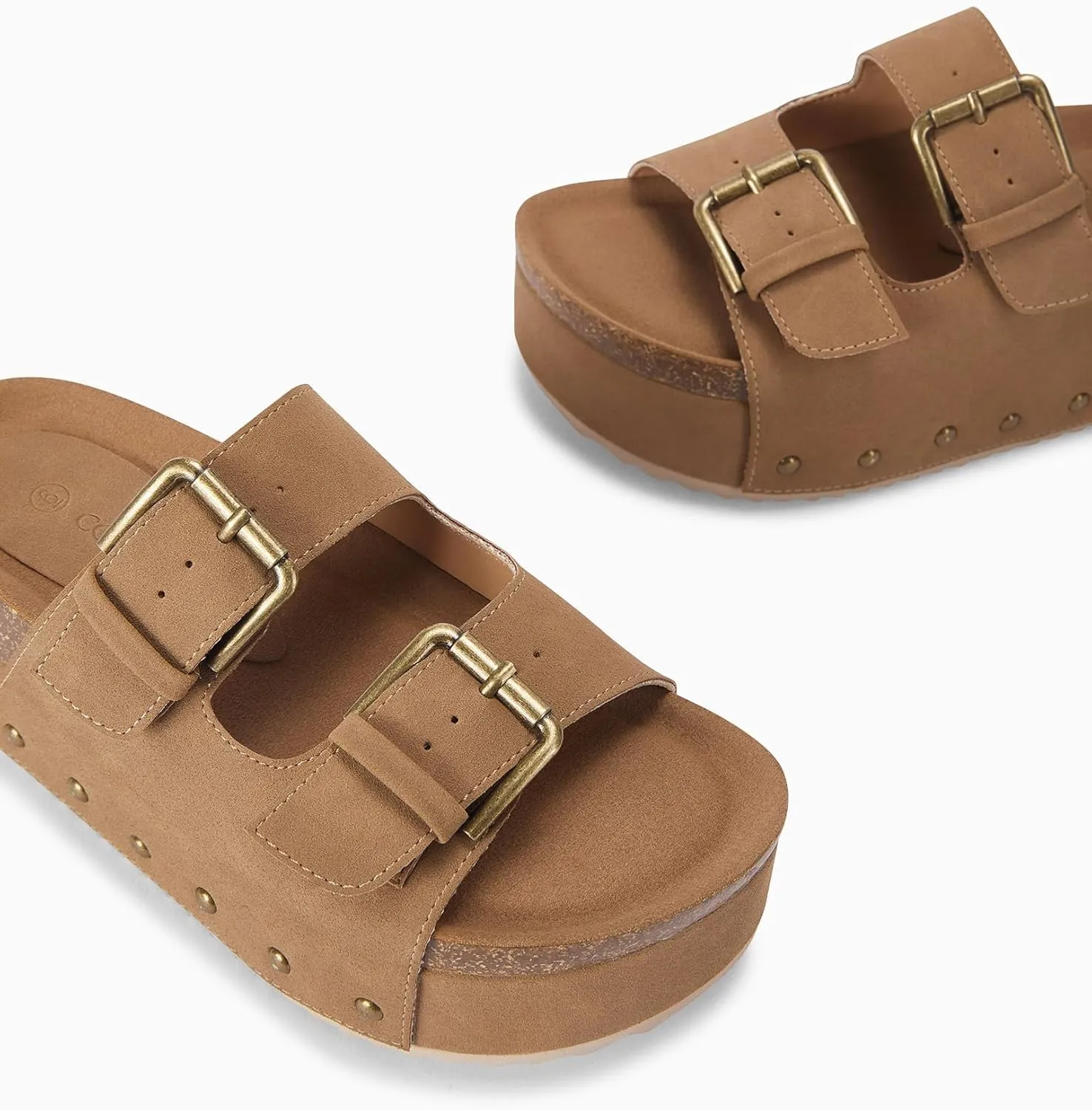 Coutgo Women's Cork Platform Sandals Slip on Mules and Clogs Double Buckle Straps Summer Shoes