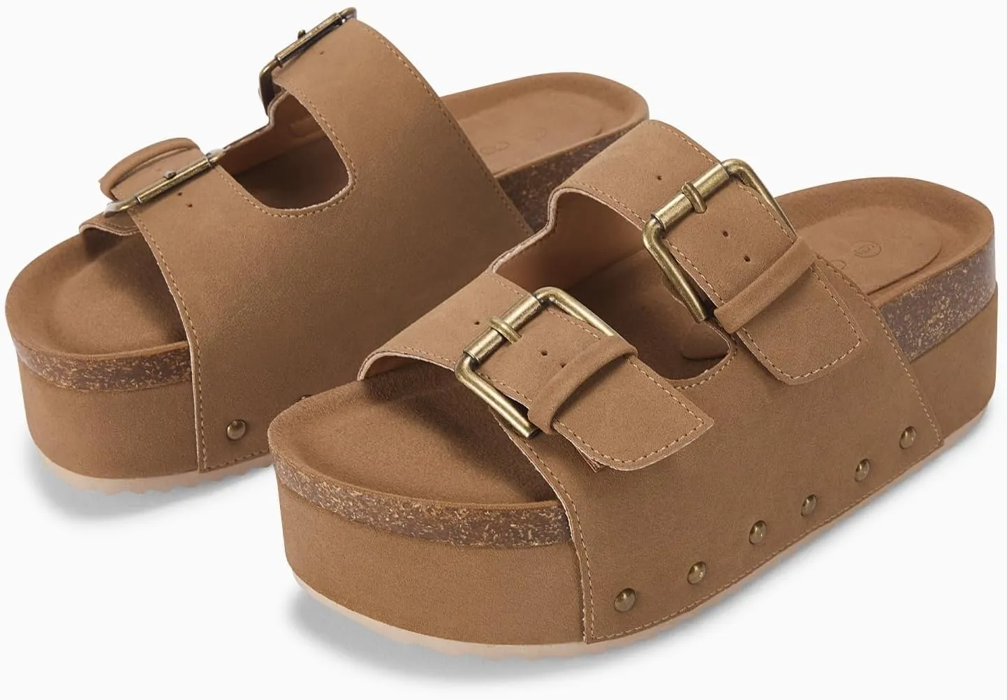 Coutgo Women's Cork Platform Sandals Slip on Mules and Clogs Double Buckle Straps Summer Shoes