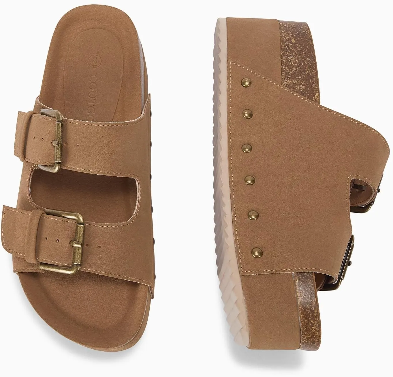 Coutgo Women's Cork Platform Sandals Slip on Mules and Clogs Double Buckle Straps Summer Shoes