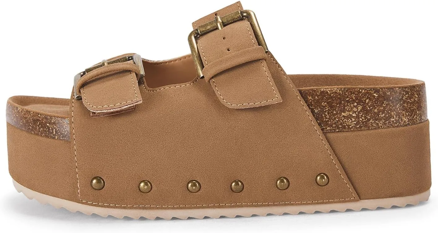 Coutgo Women's Cork Platform Sandals Slip on Mules and Clogs Double Buckle Straps Summer Shoes