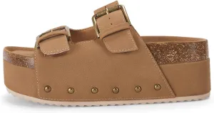 Coutgo Women's Cork Platform Sandals Slip on Mules and Clogs Double Buckle Straps Summer Shoes