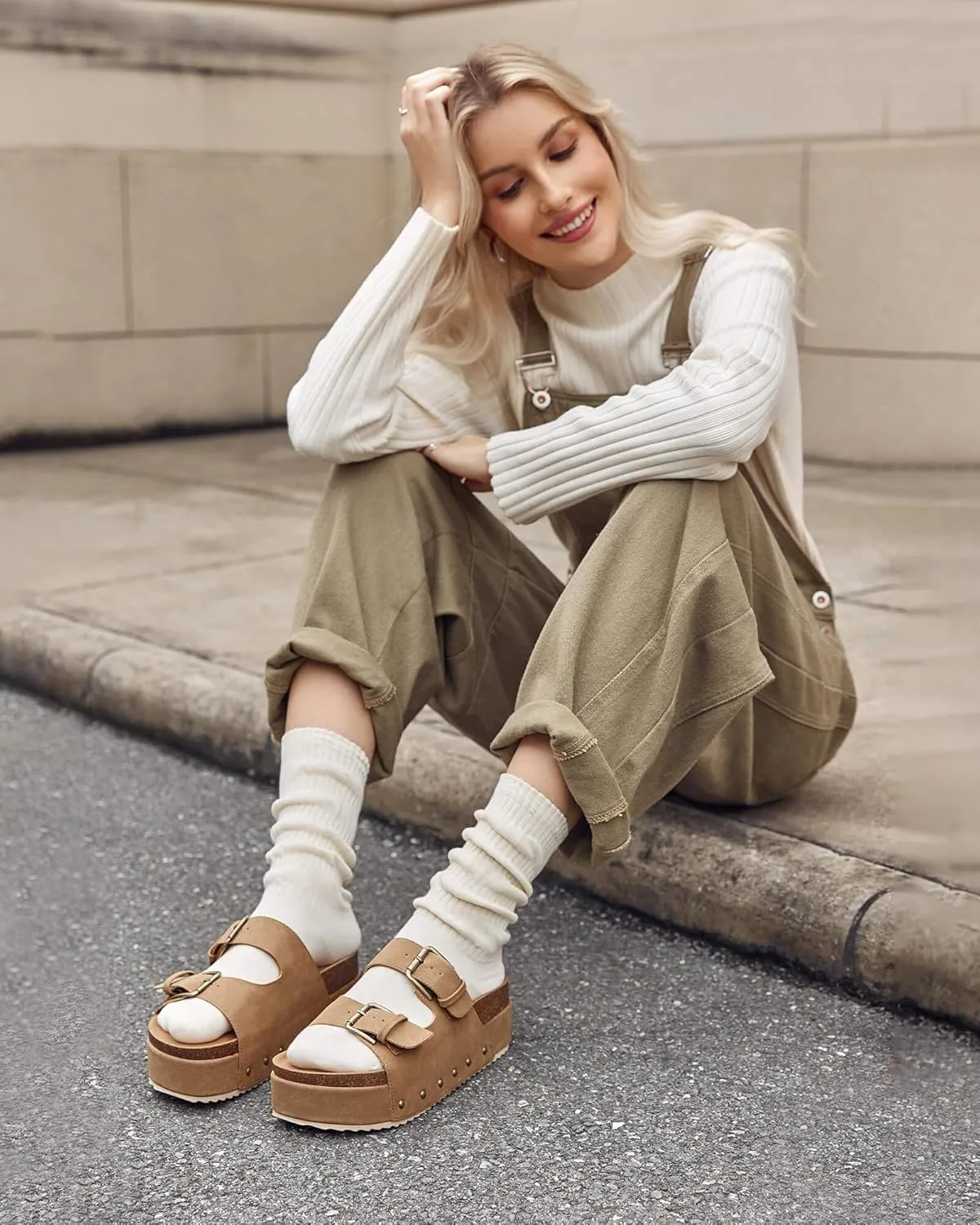 Coutgo Women's Cork Platform Sandals Slip on Mules and Clogs Double Buckle Straps Summer Shoes