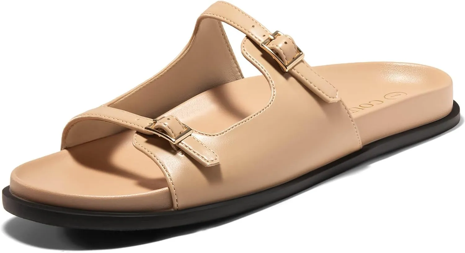 Coutgo Womens Flat Sandals Comfortable Wide Width Slides Double Strap Adjustable Buckle Slip on Shoes