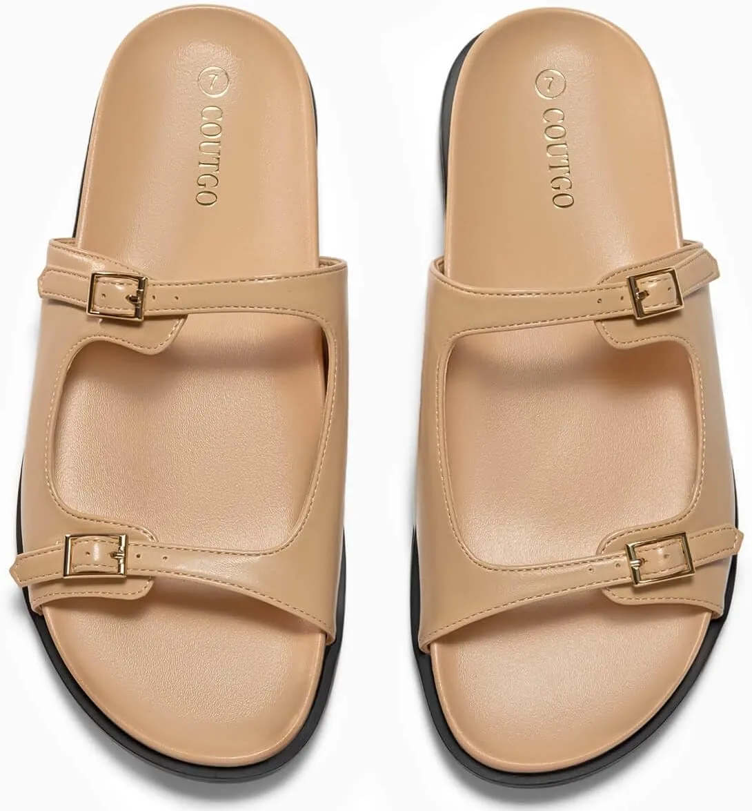 Coutgo Womens Flat Sandals Comfortable Wide Width Slides Double Strap Adjustable Buckle Slip on Shoes