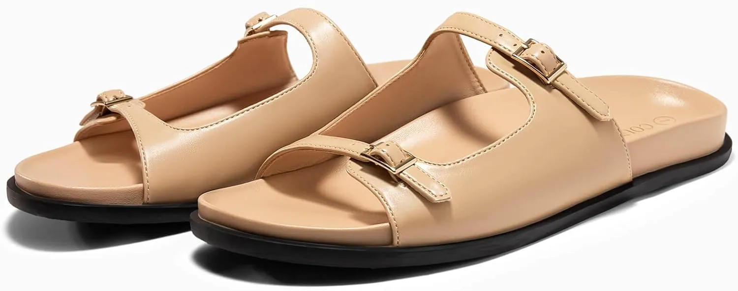 Coutgo Womens Flat Sandals Comfortable Wide Width Slides Double Strap Adjustable Buckle Slip on Shoes