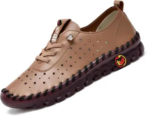 CrazySavage Women's Leather Soft Bottom Flat Shoes Handmade Hollow Breathable Slip Ons Loafers Casual Cutout Round Roe Beef Tendon Walkings
