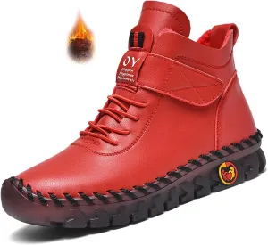 CrazySavage Womens Winter Leather Snow Booties Fur Lined Warm Anti-Slip Ankle Boots Thickening Thermal Villi Adjustable High Top Mom Loafers